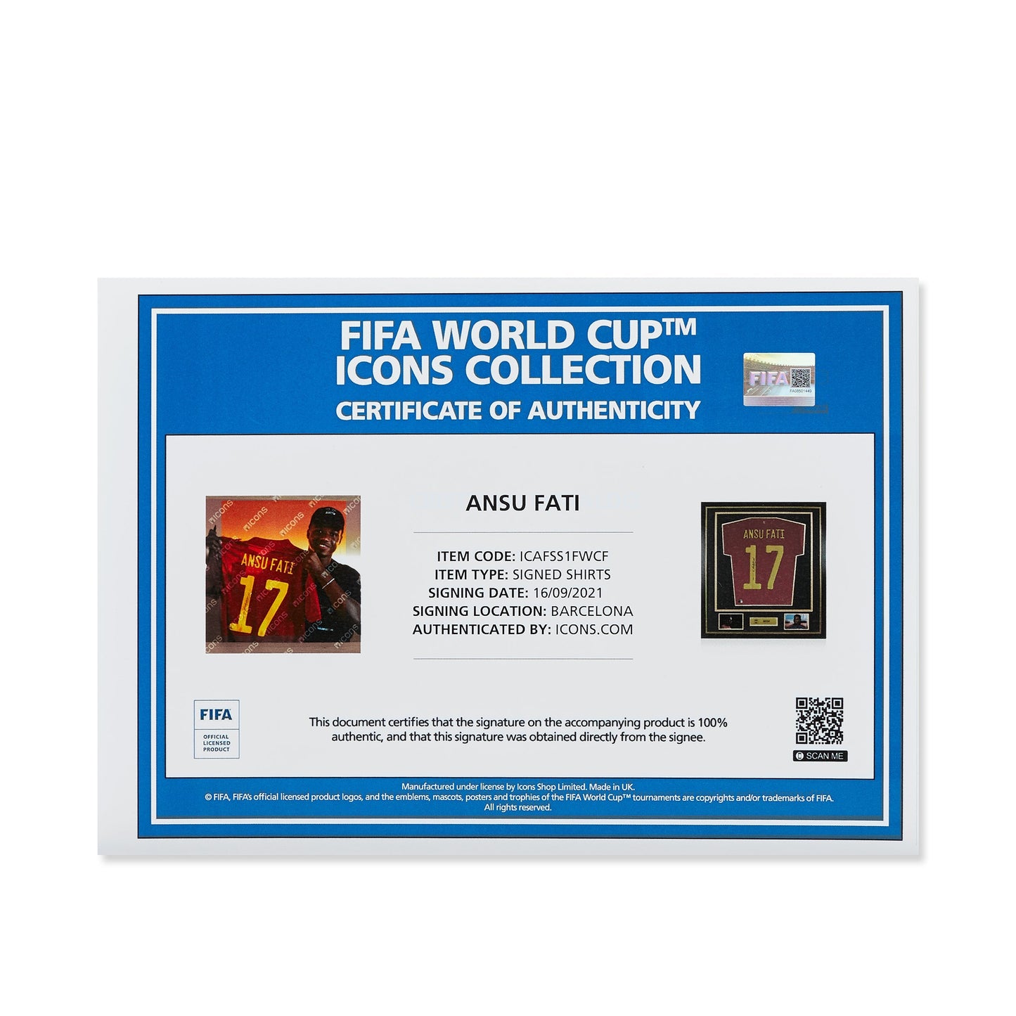 Maillot Domicile Officiel Espagne 2020/21 Ansu Fati Dédicacé au Dos et Encadré Coupe du Monde FIFA