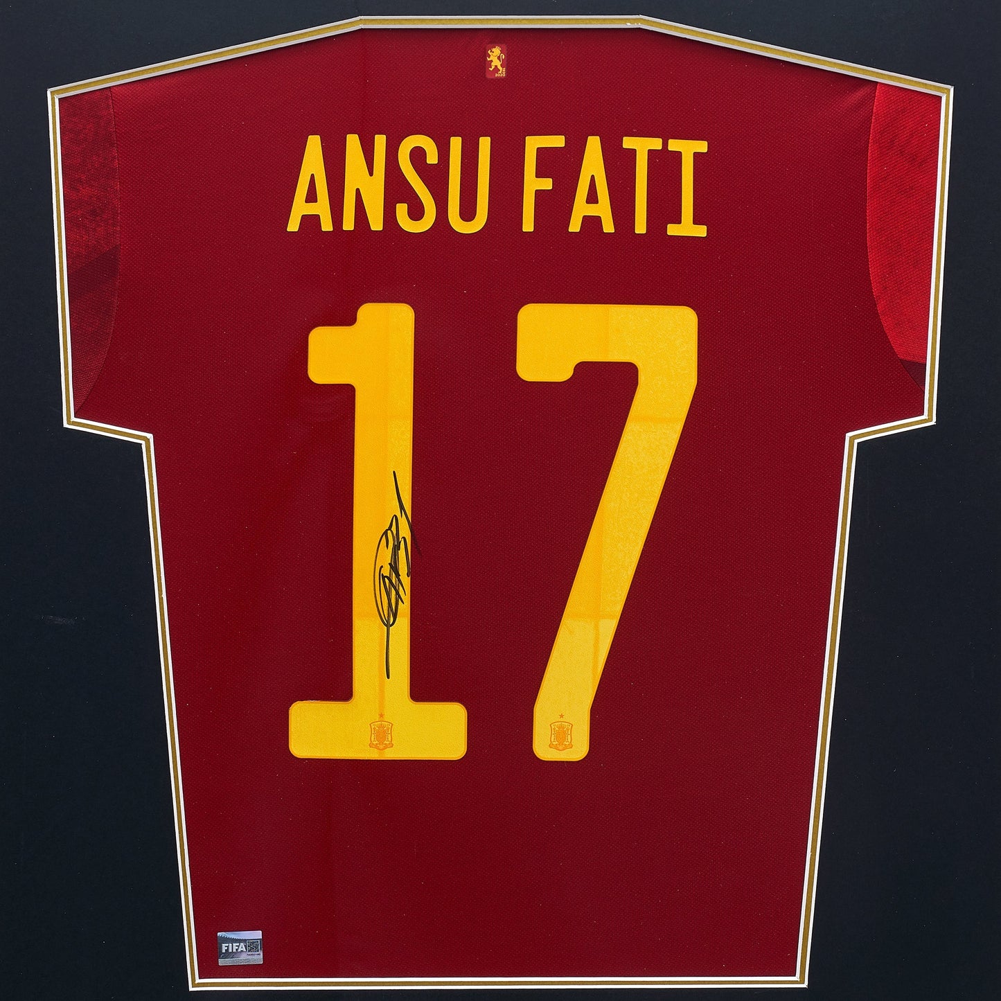 Maillot Domicile Officiel Espagne 2020/21 Ansu Fati Dédicacé au Dos et Encadré Coupe du Monde FIFA