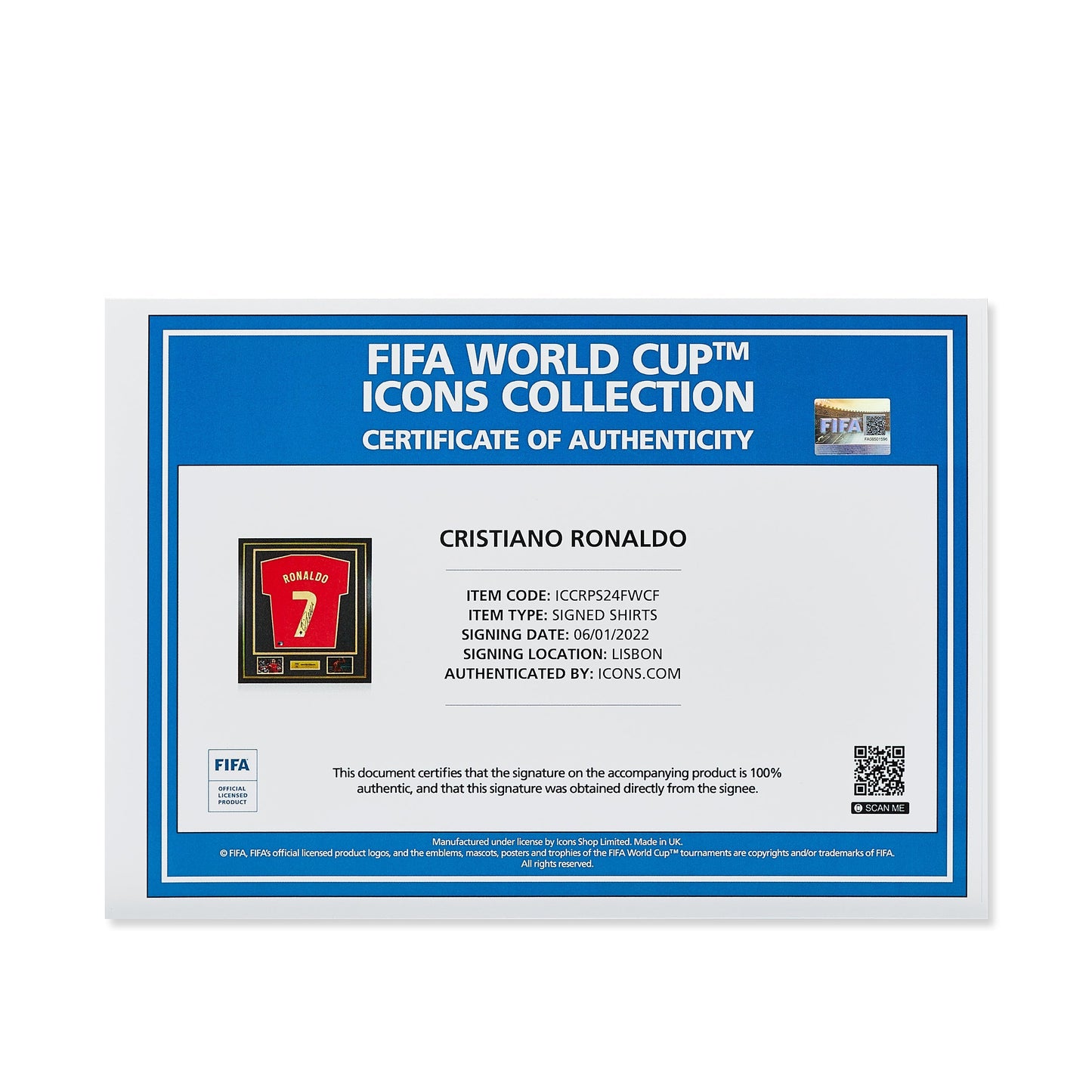 Maillot Domicile Officiel Portugal 2020/21 Cristiano Ronaldo Dédicacé et Encadré Coupe du Monde FIFA