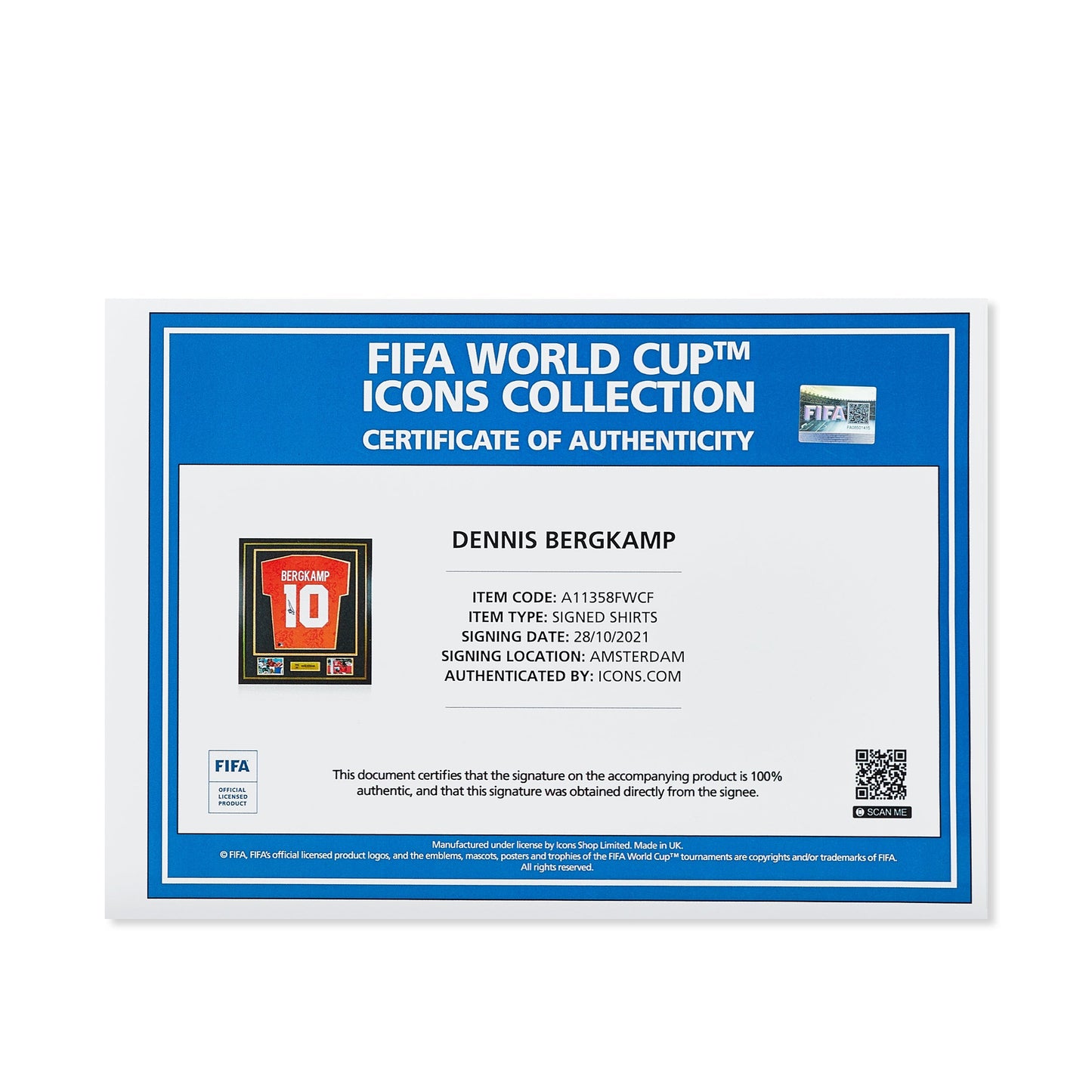 Maillot Domicile Officiel Pays-Bas 1994 Dennis Bergkamp Dédicacé et Encadré Coupe du Monde FIFA