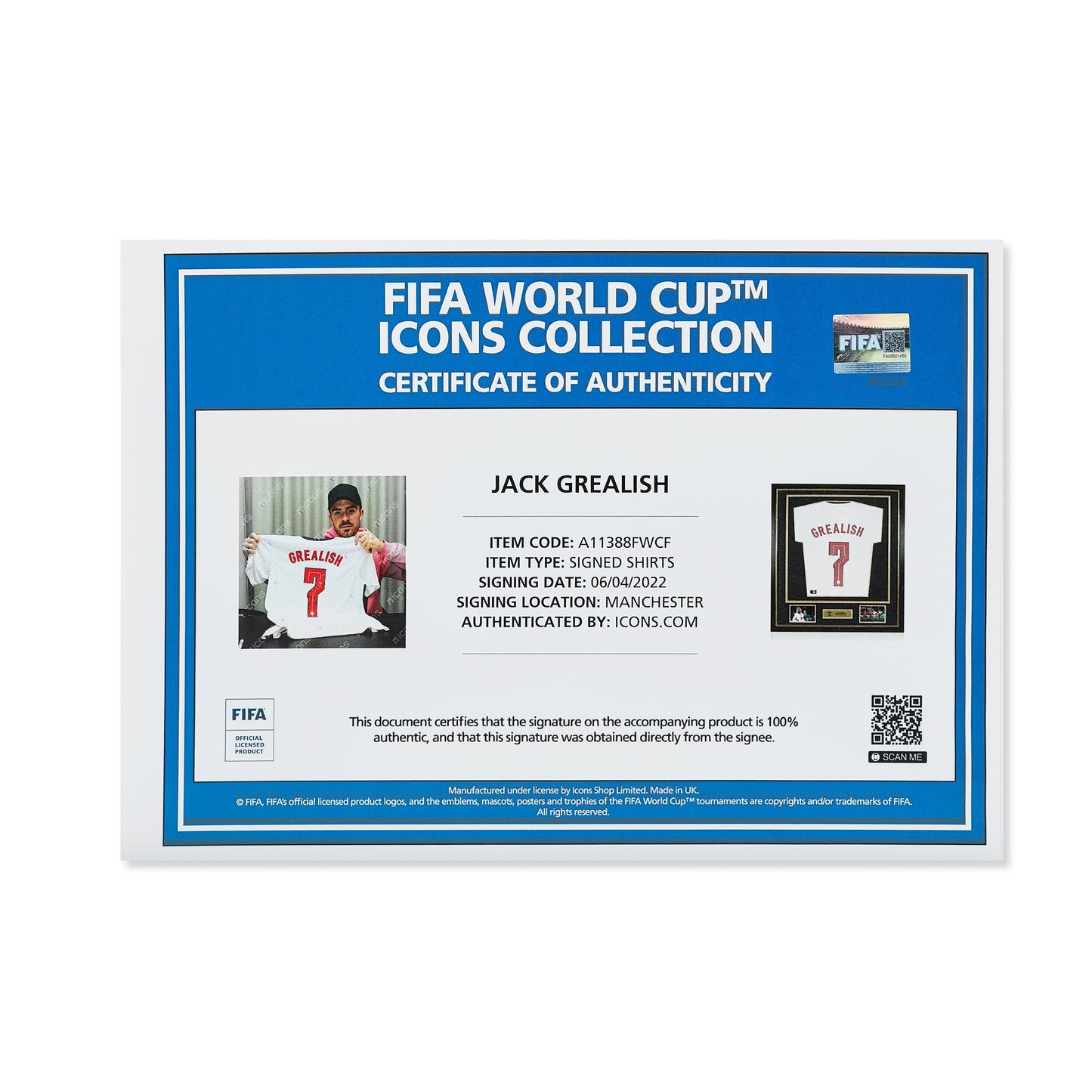 Maillot Domicile Officiel Angleterre 2021/22 Jack Grealish Dédicacé au Dos et Encadré Coupe du Monde FIFA
