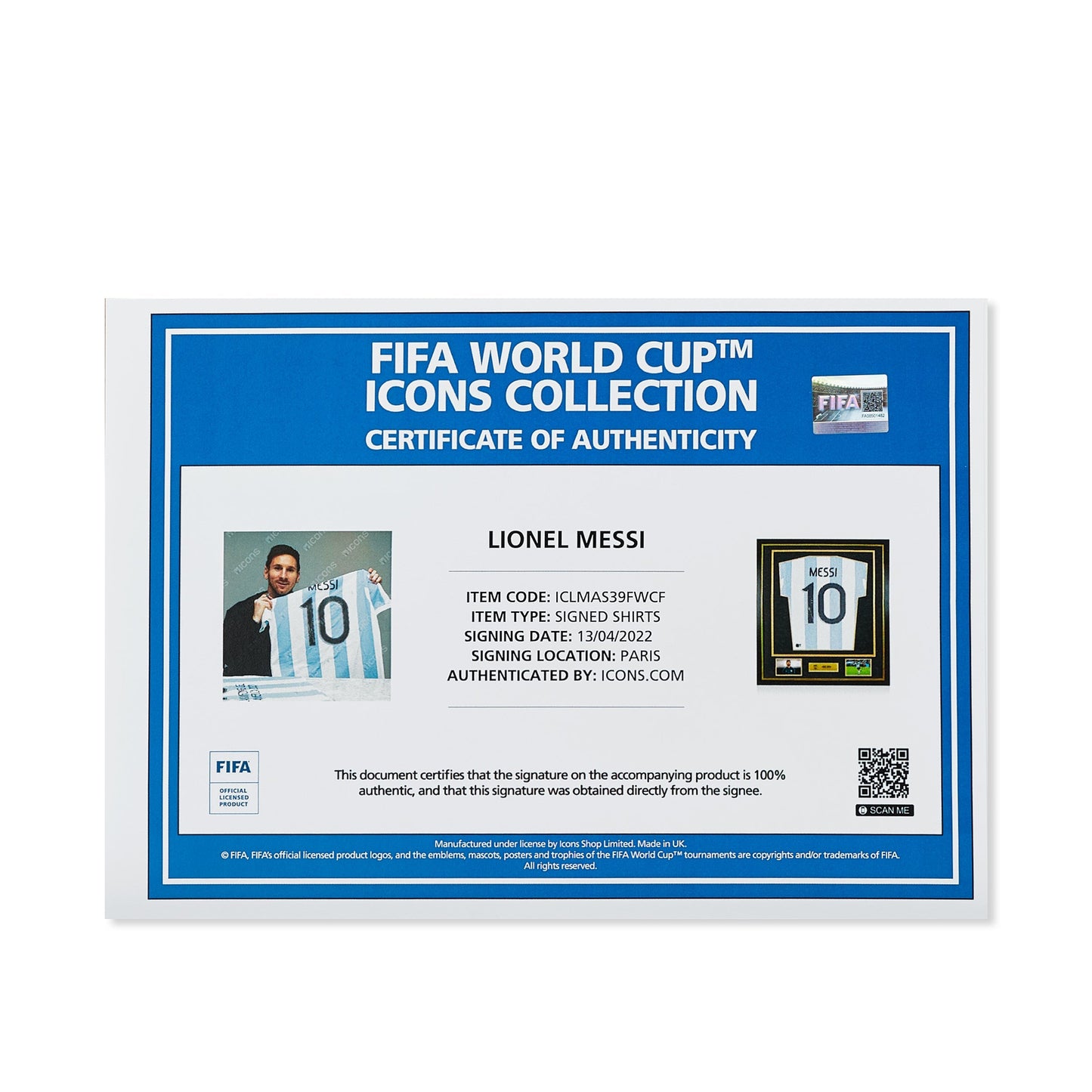 Maillot Domicile Officiel Argentine Lionel Messi Dédicacé et Encadré Coupe du Monde FIFA