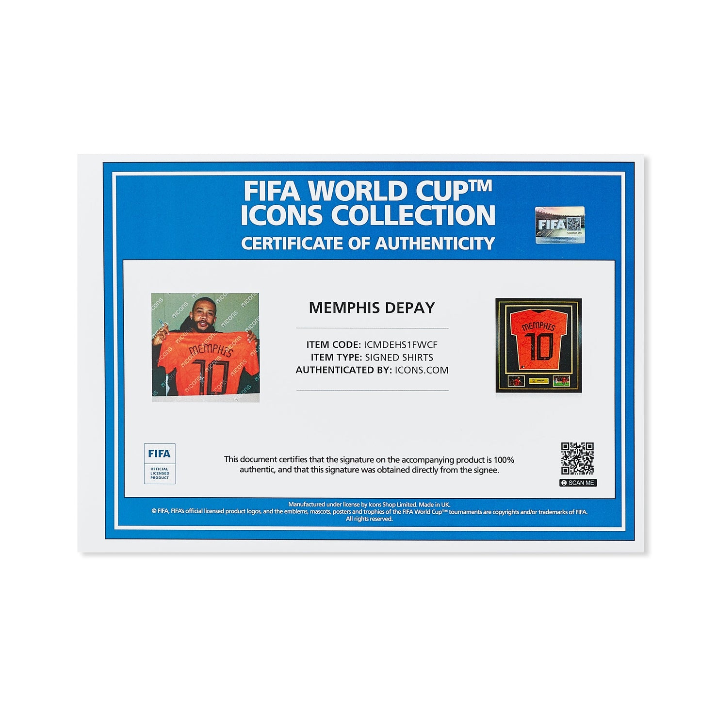 Maillot Domicile Officiel Pays-Bas 2020/21 Memphis Depay Dédicacé et Encadré Coupe du Monde FIFA