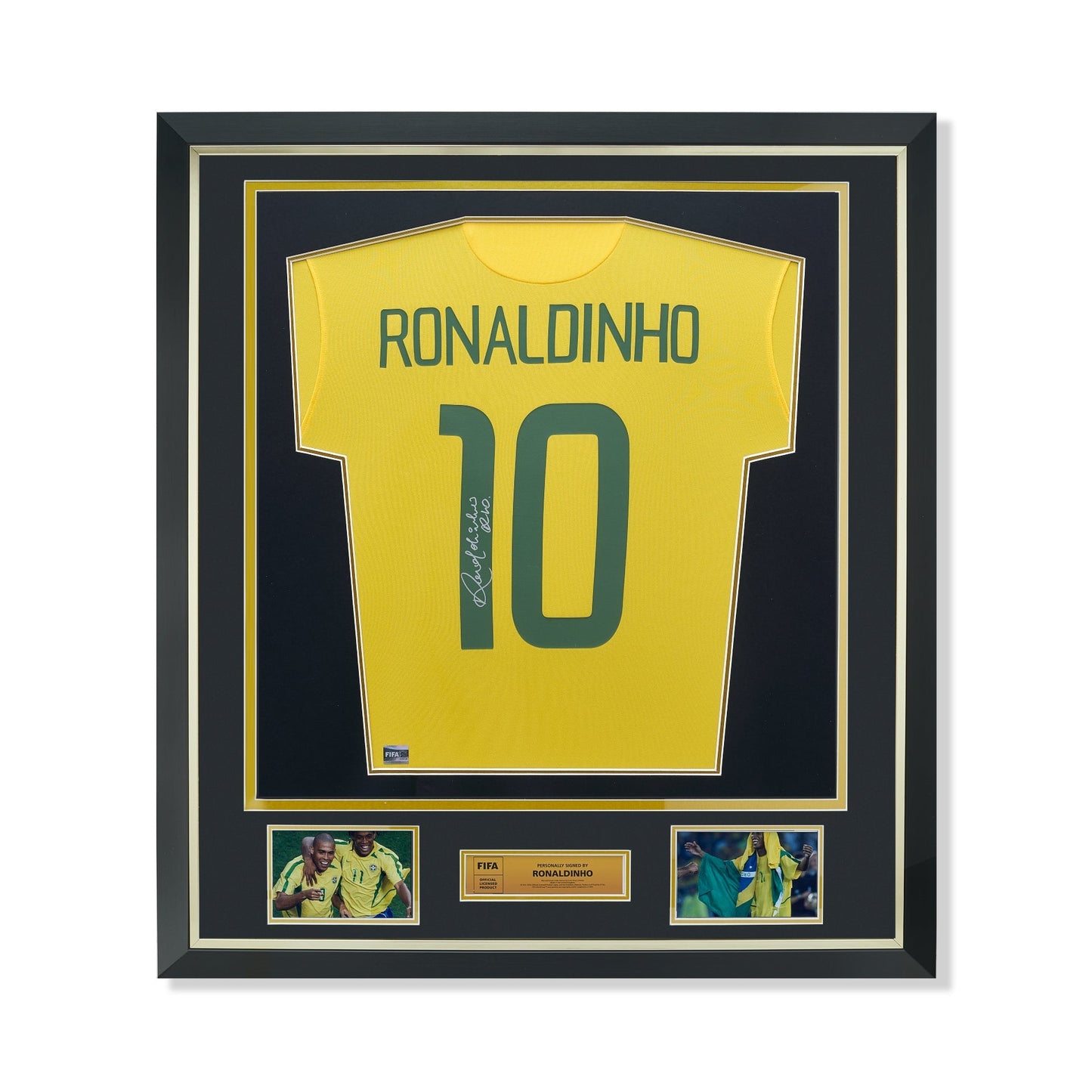 Maillot Domicile Officiel Brésil Ronaldinho Dédicacé et Encadré Coupe du Monde FIFA
