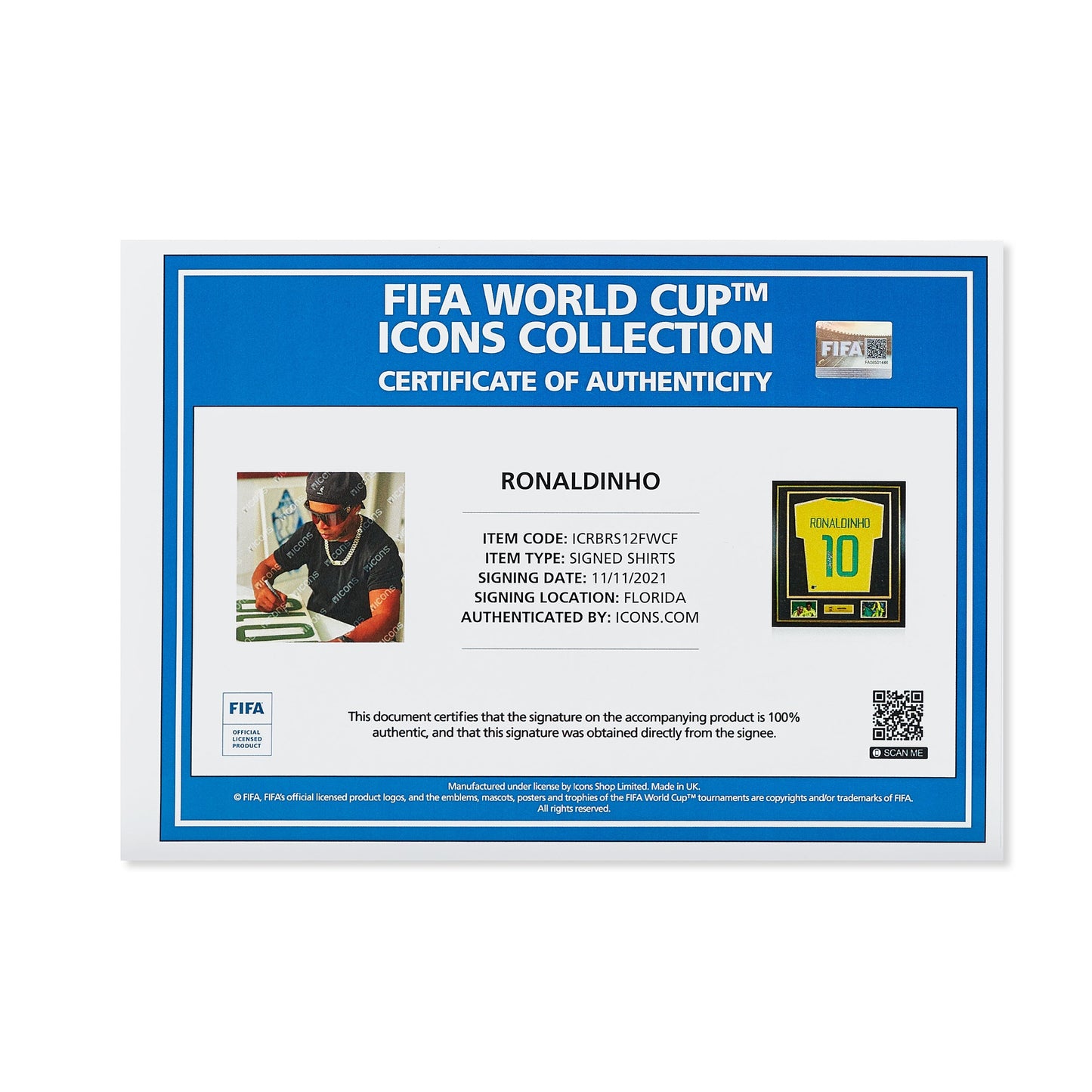 Maillot Domicile Officiel Brésil Ronaldinho Dédicacé et Encadré Coupe du Monde FIFA