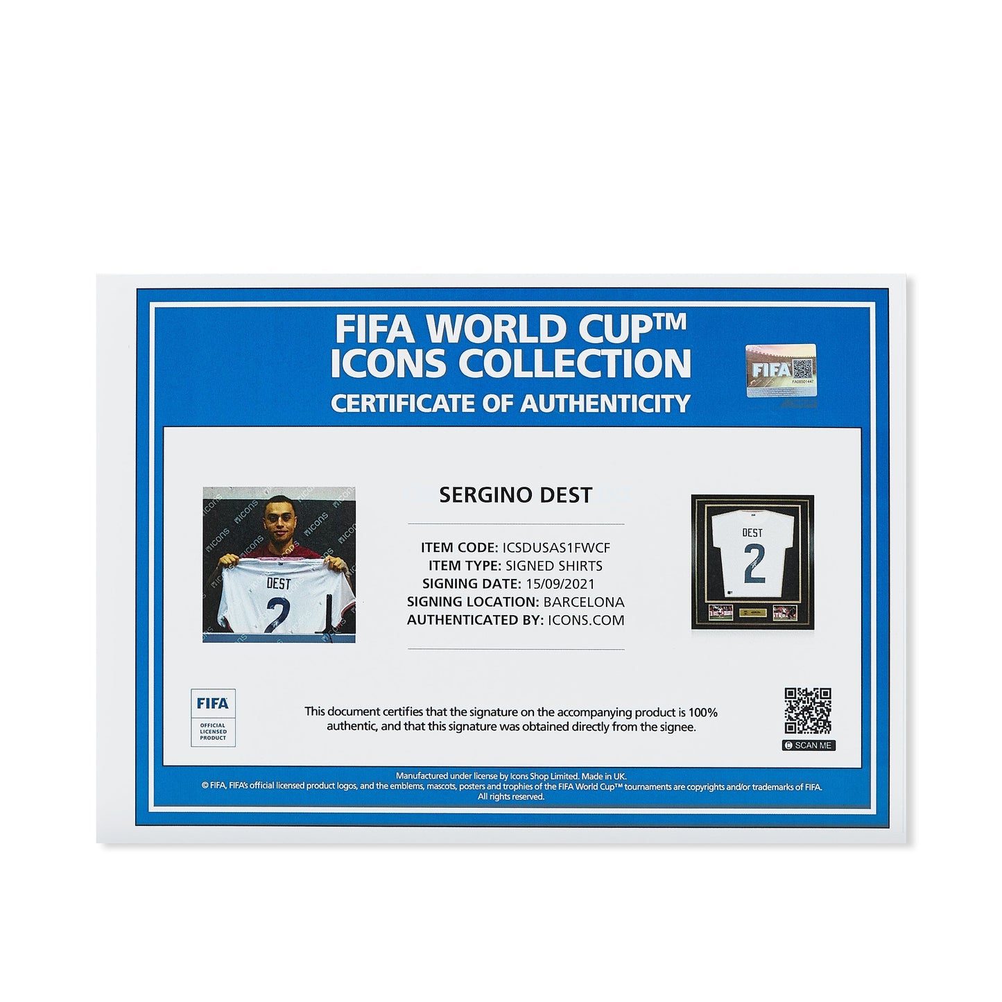Maillot Domicile Officiel États-Unis 2020/21 Sergino Dest Dédicacé et Encadré Coupe du Monde FIFA