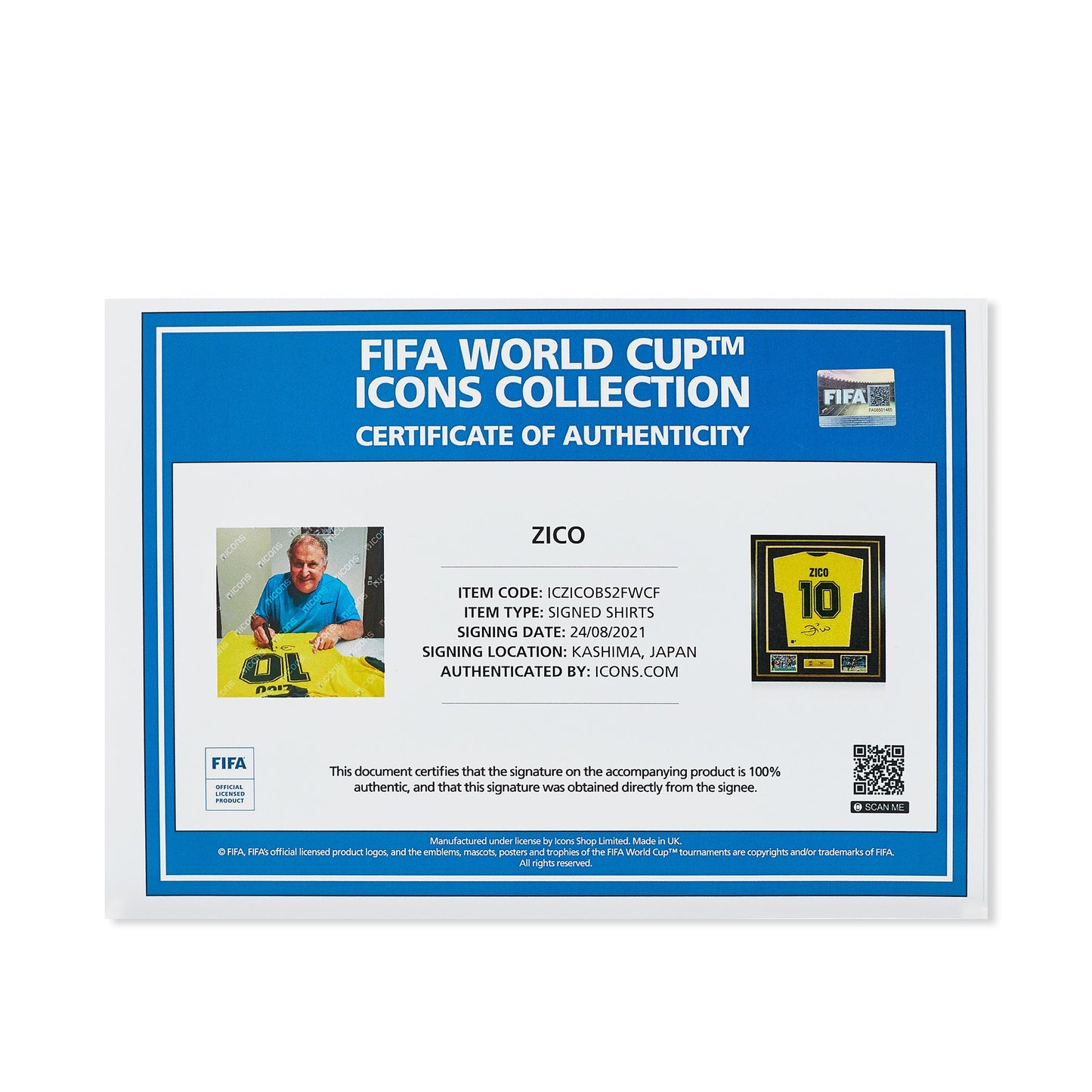 Maillot Domicile Officiel Brésil 1982 Zico Dédicacé au Dos et Encadré Coupe du Monde FIFA