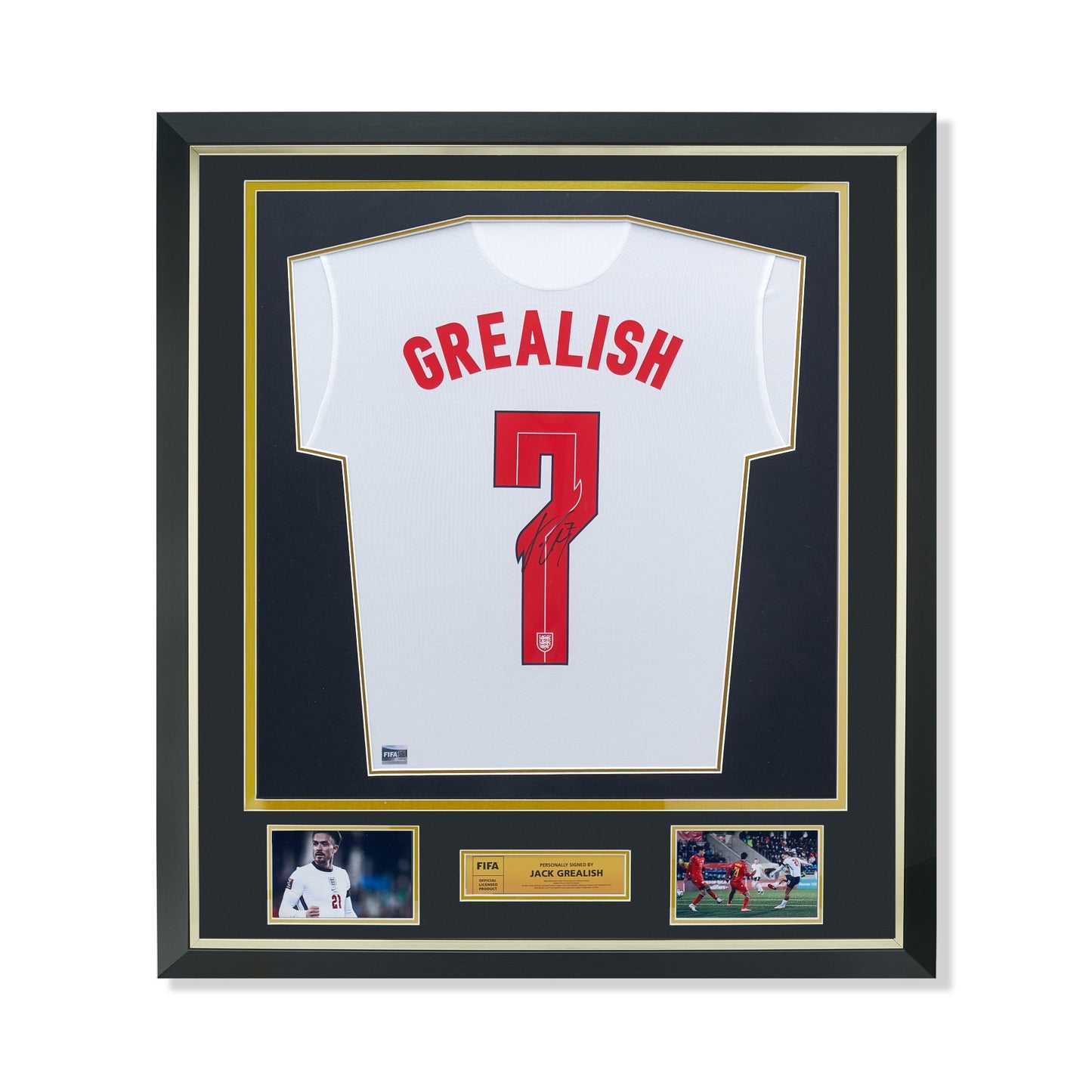 FIFA World Cup Jack Grealish Official Back Signed And Framed England 2021-22 Home Shirt