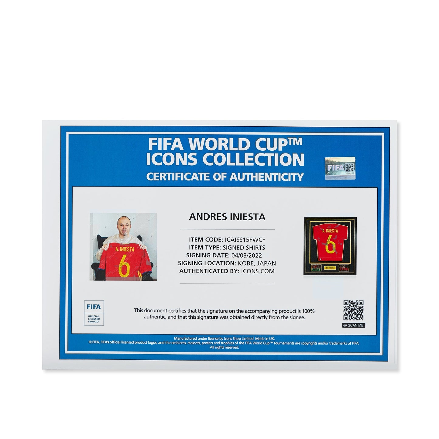 Maillot Domicile Officiel Espagne 2016/17 Andres Iniesta Dédicacé et Encadré Coupe du Monde FIFA